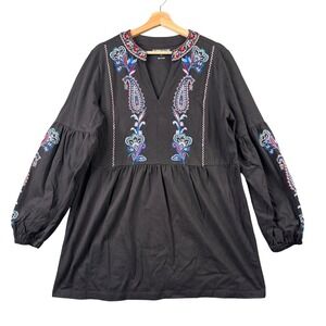 The Pyramid Collection Black Floral Embroidered Tunic Top Large Boho Paisley L